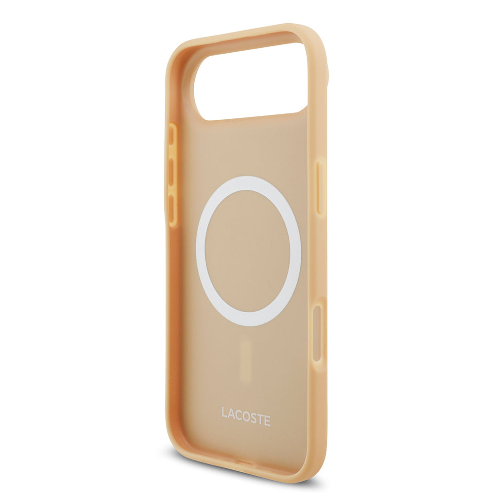 Apple iPhone 17 Air Kılıf Lacoste Orjinal Lisanslı M-safe Şarj Özellikli PU Deri Tasarımlı Karışık Monogram Desenli Kapak Bej
