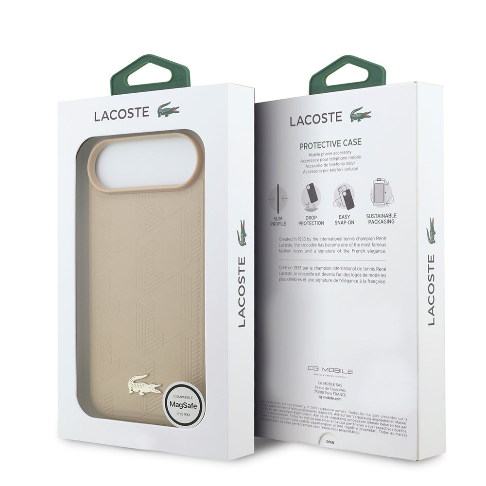 Apple iPhone 17 Air Kılıf Lacoste Orjinal Lisanslı M-safe Şarj Özellikli PU Deri Tasarımlı Karışık Monogram Desenli Kapak Bej