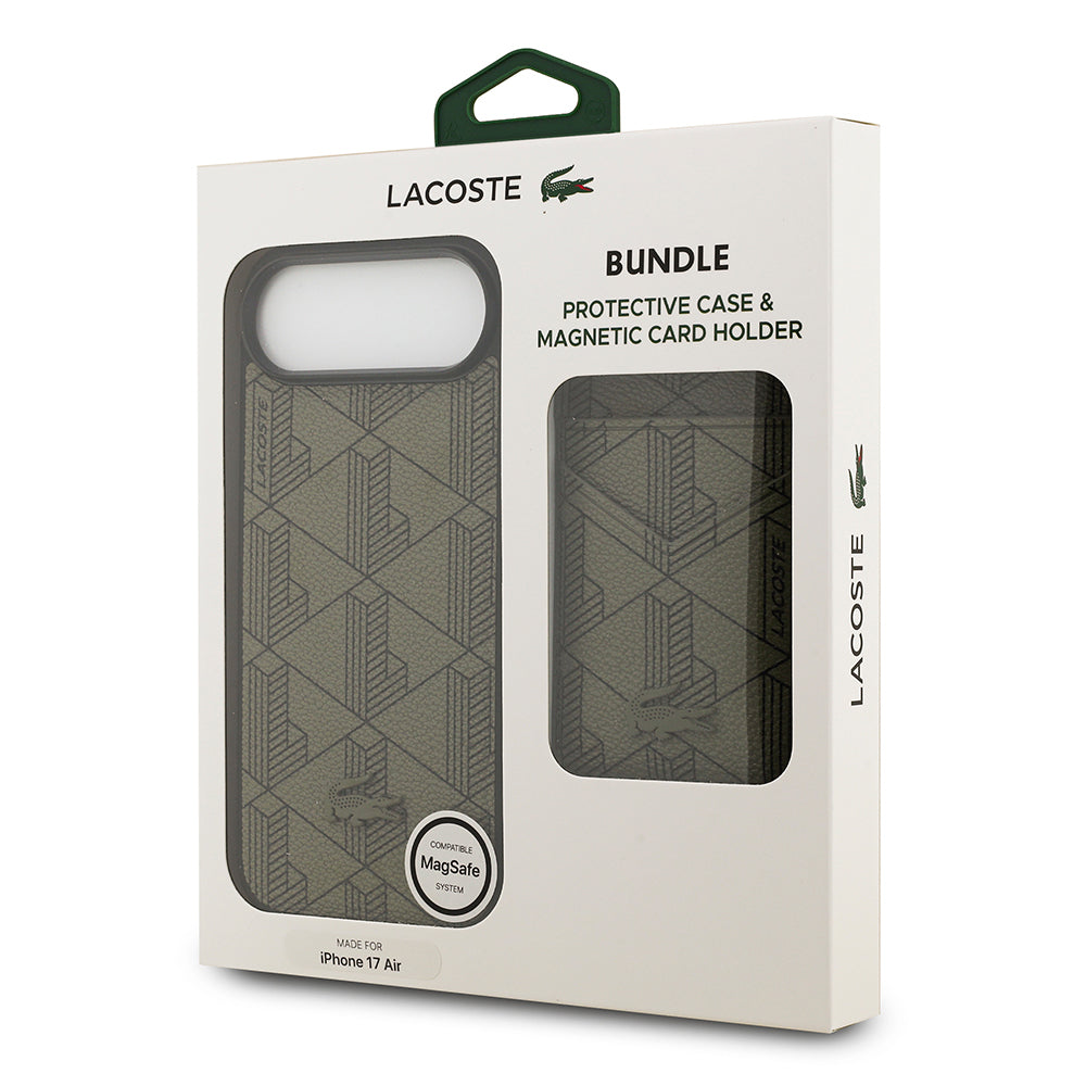 Apple iPhone 17 Air Kılıf Lacoste Orjinal Lisanslı M-safe Şarj Özellikli PU Deri Tasarımlı Kartlıklı Karışık Monogram Desenli Kapak Yeşil
