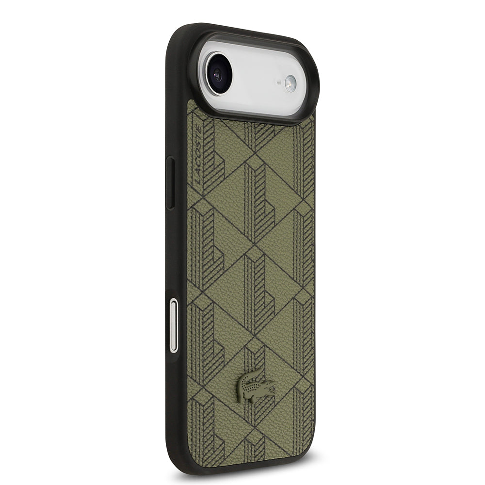 Apple iPhone 17 Air Kılıf Lacoste Orjinal Lisanslı M-safe Şarj Özellikli PU Deri Tasarımlı Kartlıklı Karışık Monogram Desenli Kapak Yeşil