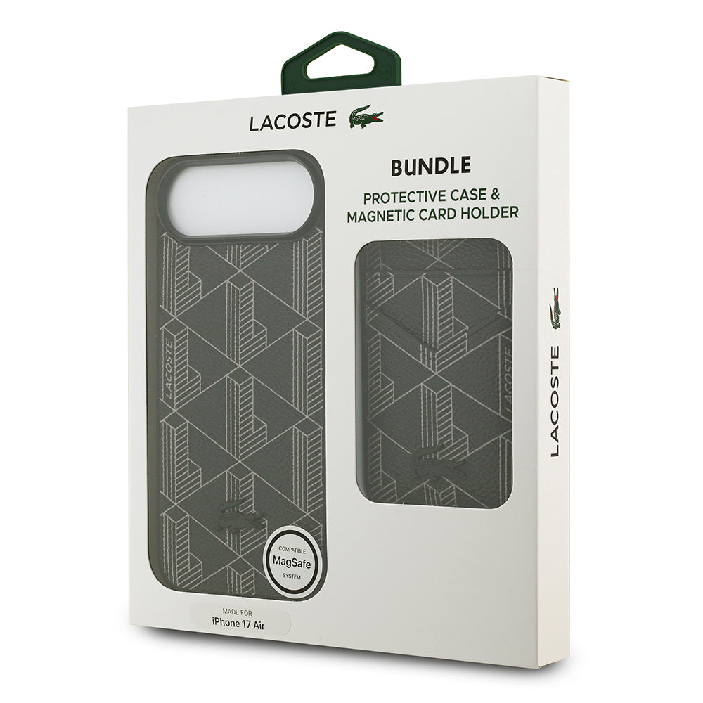 Apple iPhone 17 Air Kılıf Lacoste Orjinal Lisanslı M-safe Şarj Özellikli PU Deri Tasarımlı Kartlıklı Karışık Monogram Desenli Kapak Siyah
