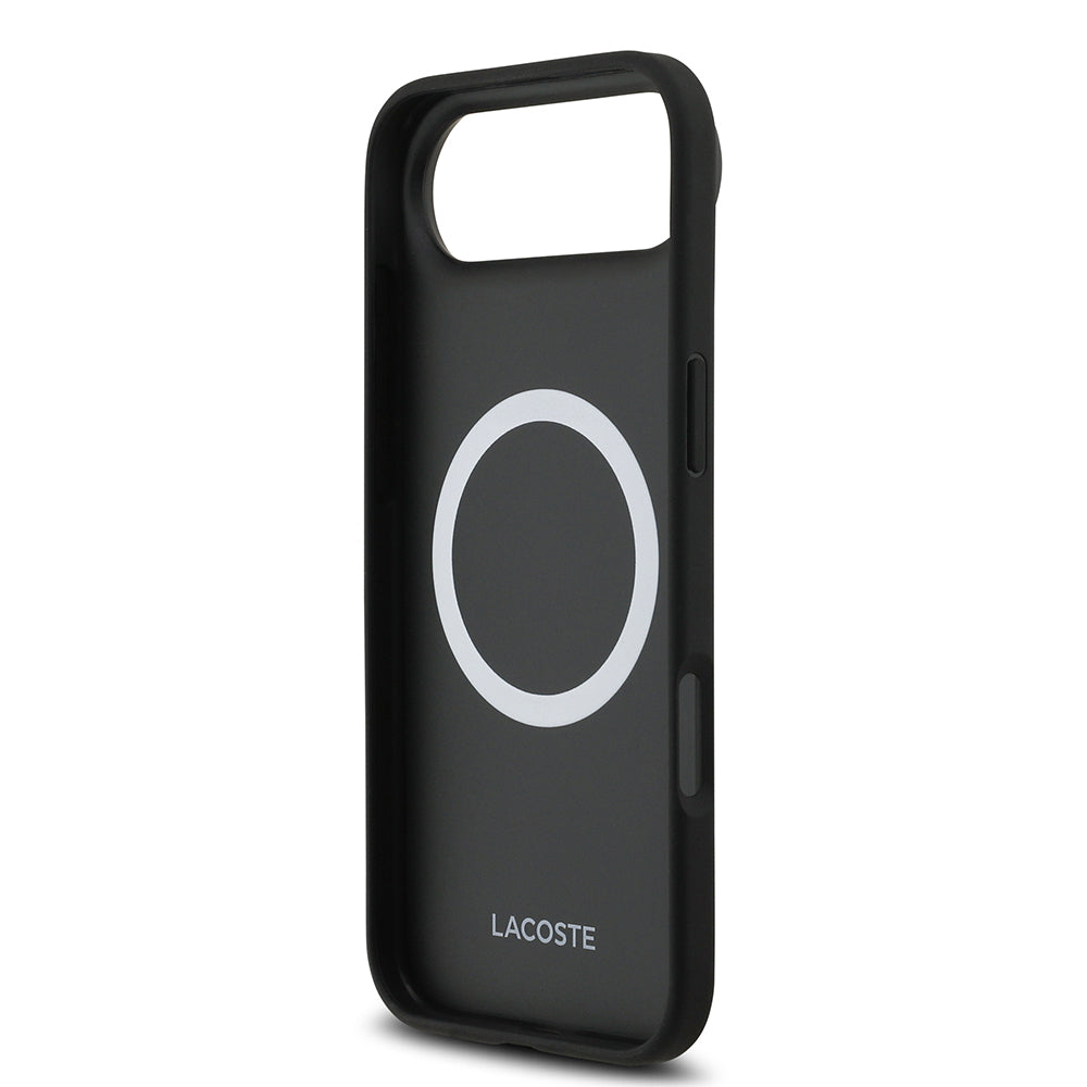 Apple iPhone 17 Air Kılıf Lacoste Orjinal Lisanslı M-safe Şarj Özellikli PU Deri Tasarımlı Kartlıklı Karışık Monogram Desenli Kapak Siyah