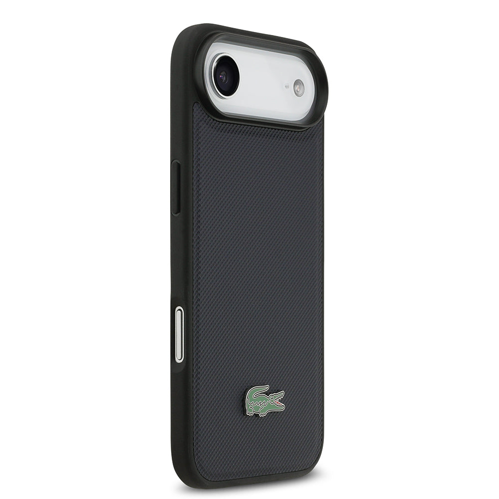 Apple iPhone 17 Air Kılıf Lacoste Orjinal Lisanslı M-safe Şarj Özellikli PU Pike Desenli Metal Logolu Kartlıklı Kapak Lacivert