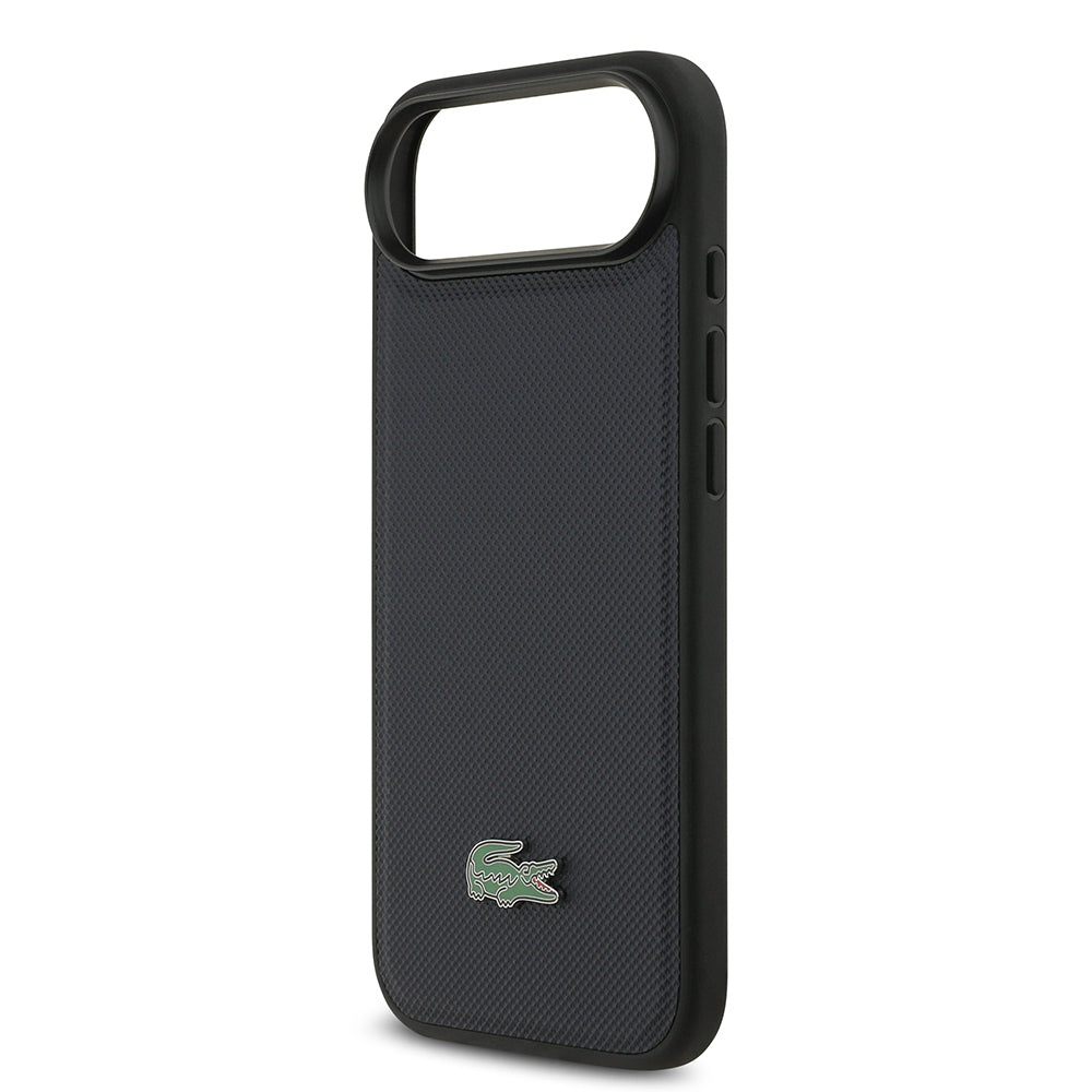 Apple iPhone 17 Air Kılıf Lacoste Orjinal Lisanslı M-safe Şarj Özellikli PU Pike Desenli Metal Logolu Kartlıklı Kapak Lacivert