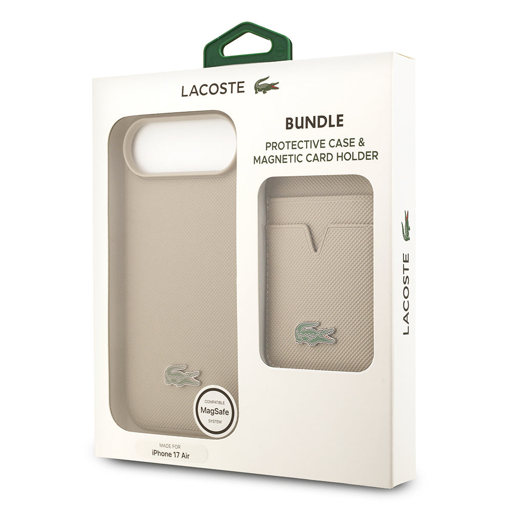 Apple iPhone 17 Air Kılıf Lacoste Orjinal Lisanslı M-safe Şarj Özellikli PU Pike Desenli Metal Logolu Kartlıklı Kapak Bej