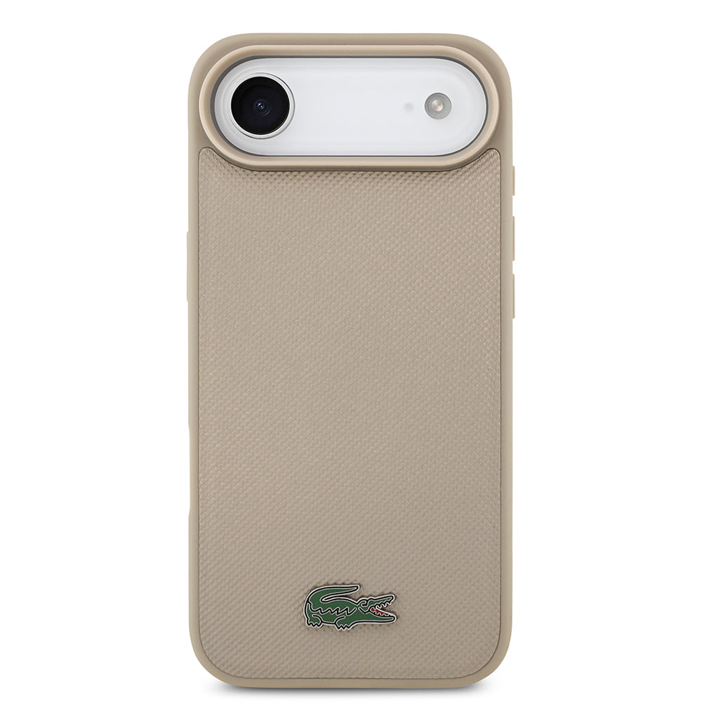 Apple iPhone 17 Air Kılıf Lacoste Orjinal Lisanslı M-safe Şarj Özellikli PU Pike Desenli Metal Logolu Kartlıklı Kapak Bej