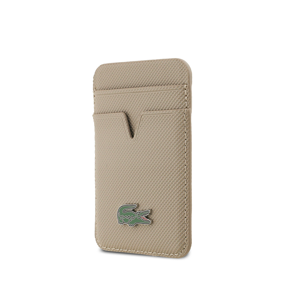 Apple iPhone 17 Air Kılıf Lacoste Orjinal Lisanslı M-safe Şarj Özellikli PU Pike Desenli Metal Logolu Kartlıklı Kapak Bej