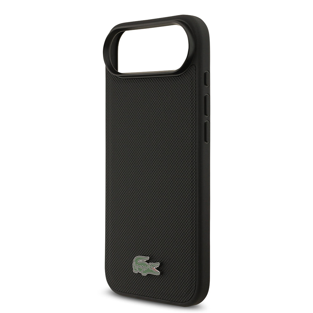 Apple iPhone 17 Air Kılıf Lacoste Orjinal Lisanslı M-safe Şarj Özellikli PU Pike Desenli Metal Logolu Kartlıklı Kapak Siyah