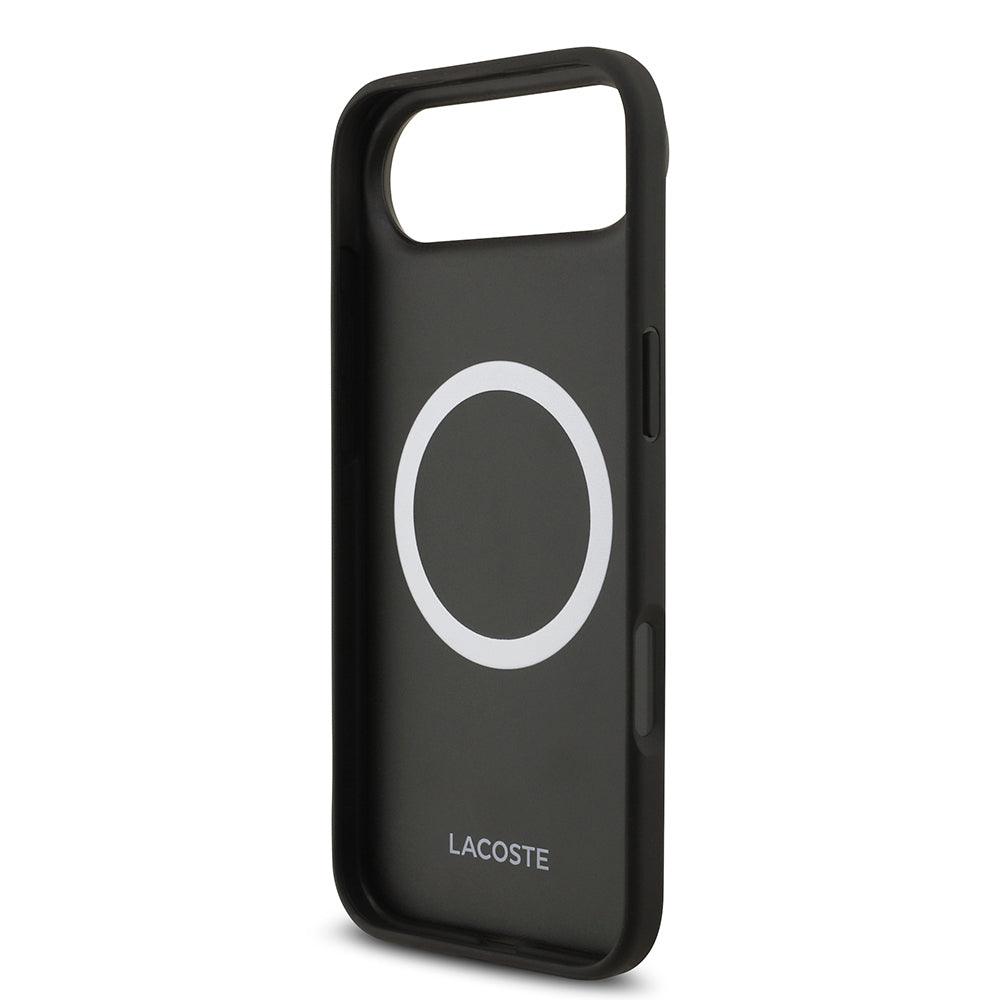 Apple iPhone 17 Air Kılıf Lacoste Orjinal Lisanslı M-safe Şarj Özellikli PU Pike Desenli Metal Logolu Kartlıklı Kapak Siyah