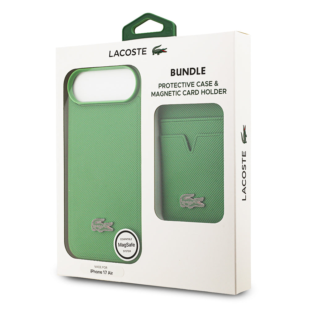 Apple iPhone 17 Air Kılıf Lacoste Orjinal Lisanslı M-safe Şarj Özellikli PU Pike Desenli Metal Logolu Kartlıklı Kapak Yeşil
