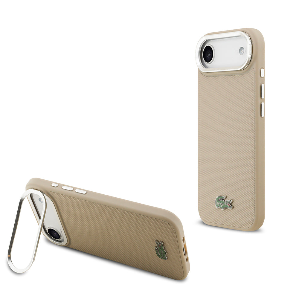 Apple iPhone 17 Air Kılıf Lacoste Orjinal Lisanslı M-safe Şarj Özellikli PU Pike Desenli Standlı Metal Logolu Kapak Bej
