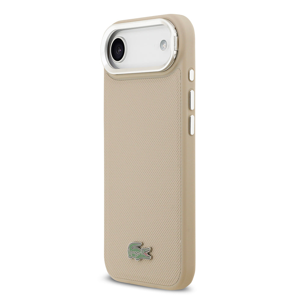 Apple iPhone 17 Air Kılıf Lacoste Orjinal Lisanslı M-safe Şarj Özellikli PU Pike Desenli Standlı Metal Logolu Kapak Bej