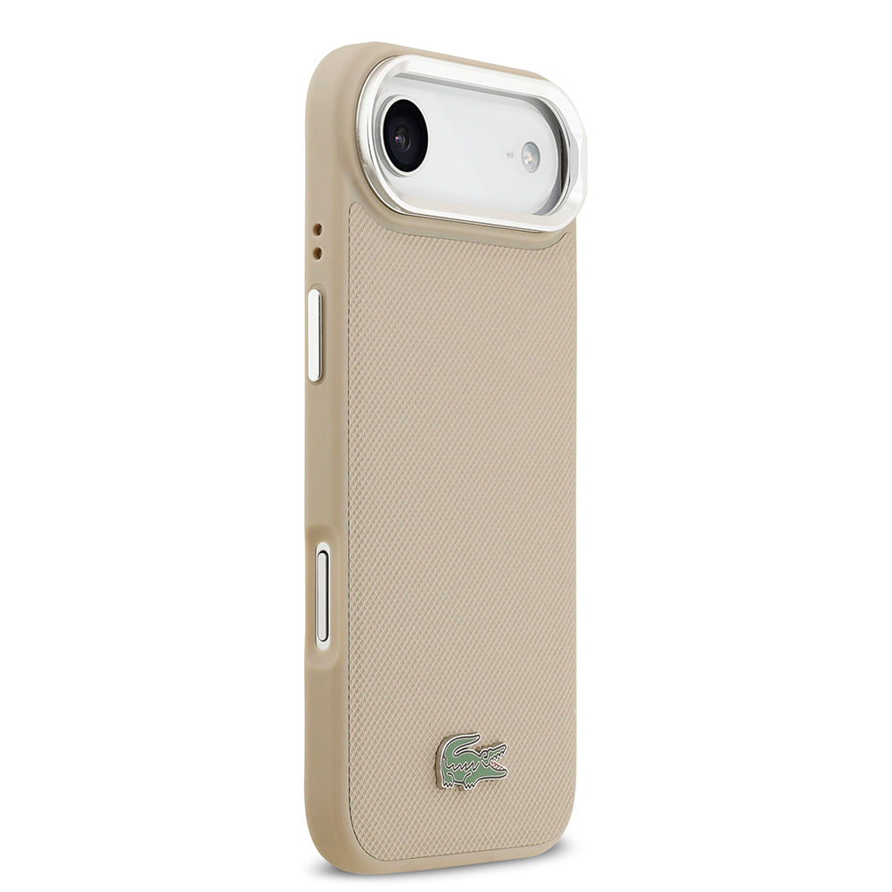 Apple iPhone 17 Air Kılıf Lacoste Orjinal Lisanslı M-safe Şarj Özellikli PU Pike Desenli Standlı Metal Logolu Kapak Bej