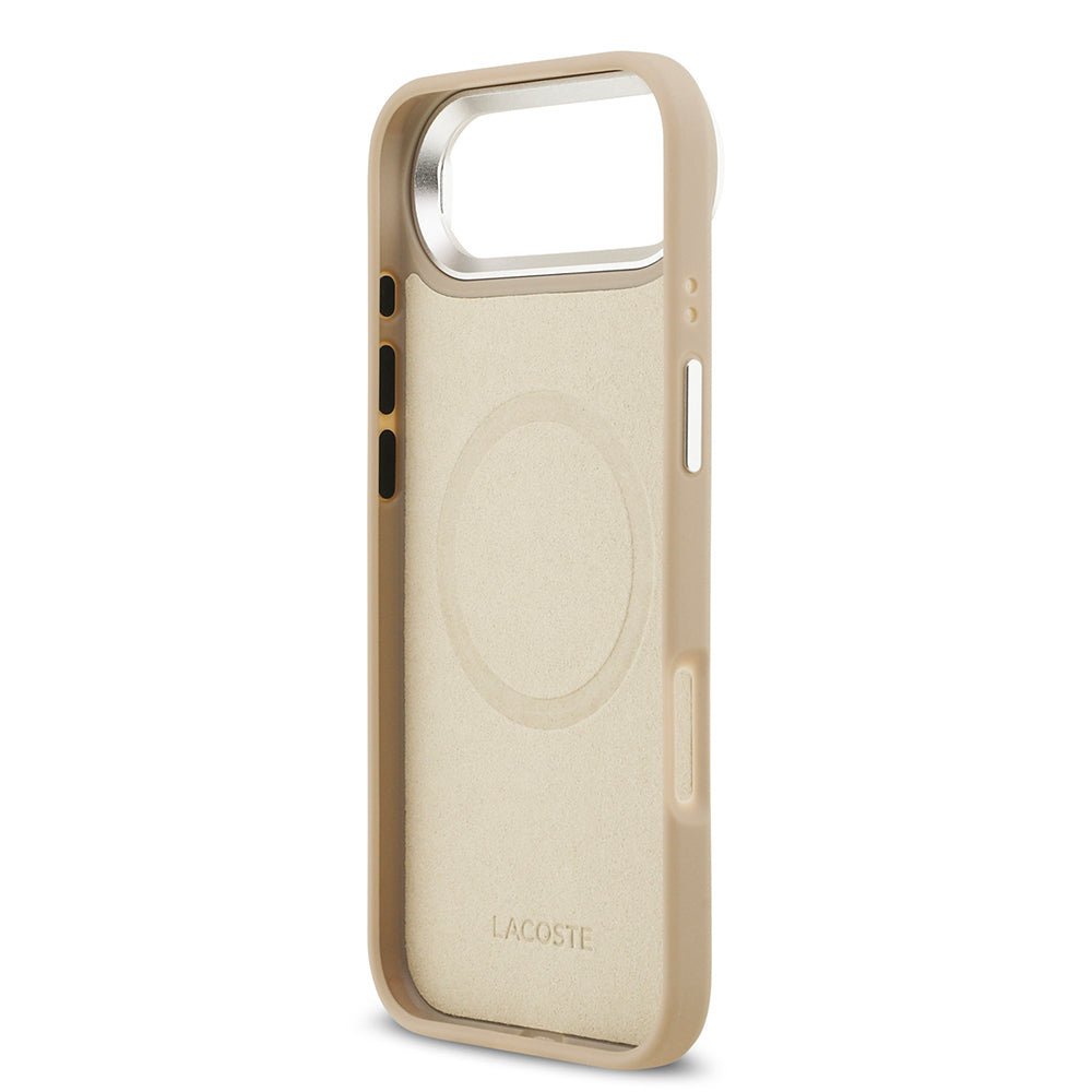 Apple iPhone 17 Air Kılıf Lacoste Orjinal Lisanslı M-safe Şarj Özellikli PU Pike Desenli Standlı Metal Logolu Kapak Bej