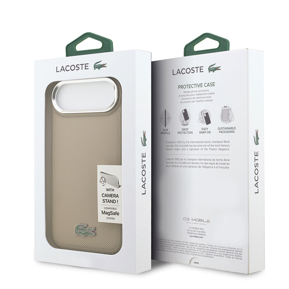 Apple iPhone 17 Air Kılıf Lacoste Orjinal Lisanslı M-safe Şarj Özellikli PU Pike Desenli Standlı Metal Logolu Kapak Bej