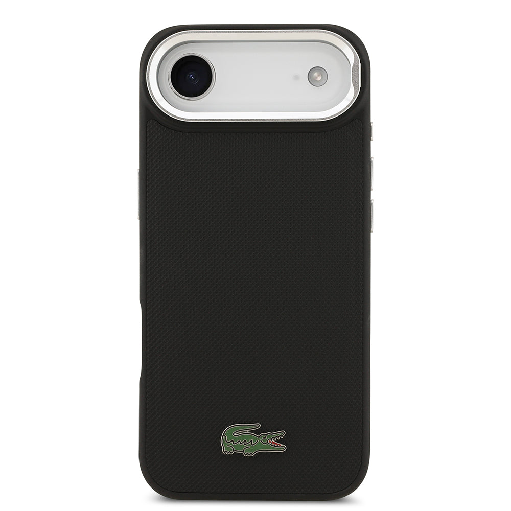 Apple iPhone 17 Air Kılıf Lacoste Orjinal Lisanslı M-safe Şarj Özellikli PU Pike Desenli Standlı Metal Logolu Kapak Siyah