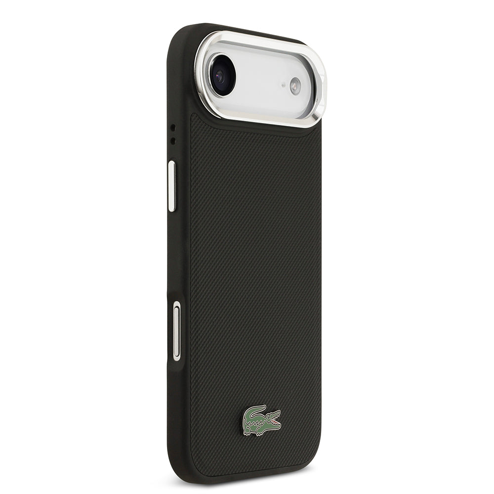 Apple iPhone 17 Air Kılıf Lacoste Orjinal Lisanslı M-safe Şarj Özellikli PU Pike Desenli Standlı Metal Logolu Kapak Siyah