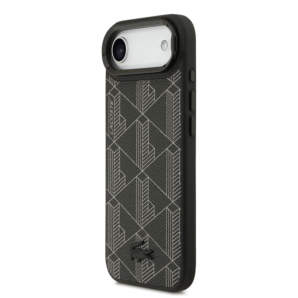 Apple iPhone 17 Air Kılıf Lacoste Orjinal Lisanslı M-safe Şarj Özellikli Standlı PU Deri Karışık Monogram Desenli Kapak Siyah