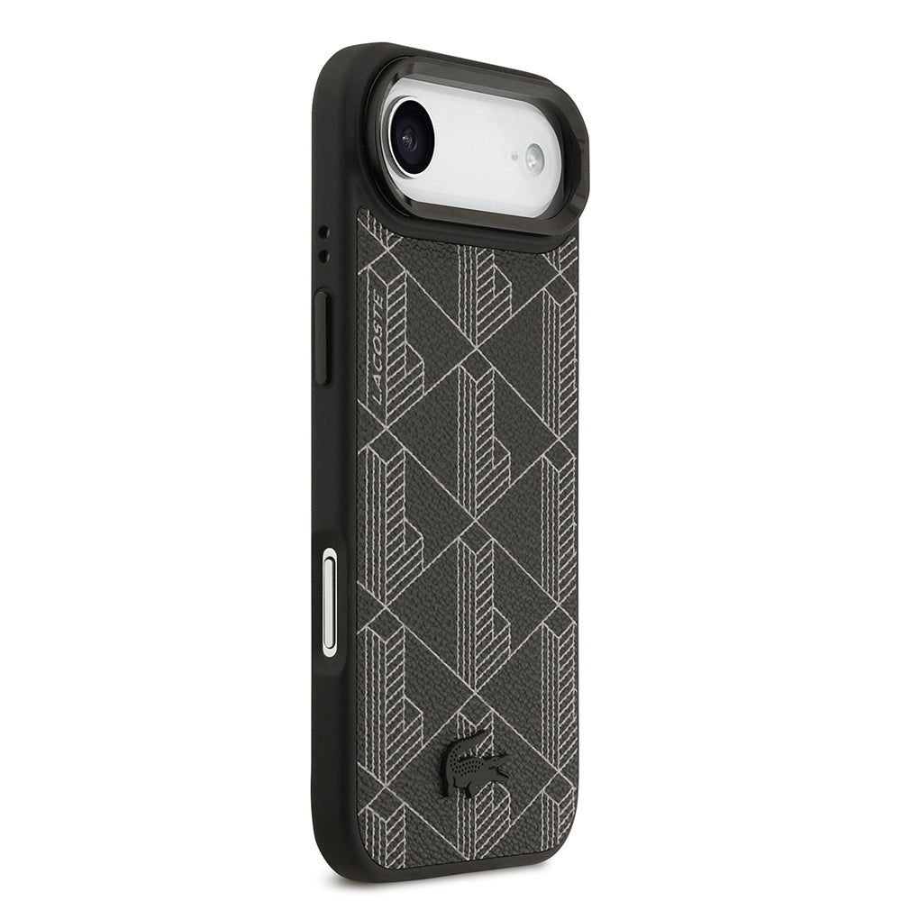 Apple iPhone 17 Air Kılıf Lacoste Orjinal Lisanslı M-safe Şarj Özellikli Standlı PU Deri Karışık Monogram Desenli Kapak Siyah