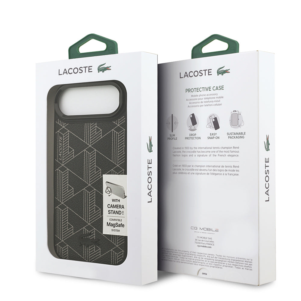 Apple iPhone 17 Air Kılıf Lacoste Orjinal Lisanslı M-safe Şarj Özellikli Standlı PU Deri Karışık Monogram Desenli Kapak Siyah