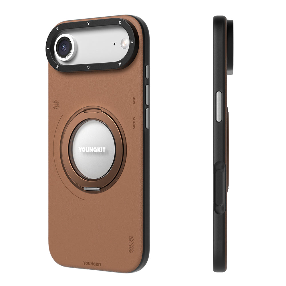 Apple iPhone 17 Air Kılıf M-safe Şarj Özellikli 360 Derece Standlı Basit Mat Deri Desenli Youngkit Tech Leather Serisi Kapak Kahverengi