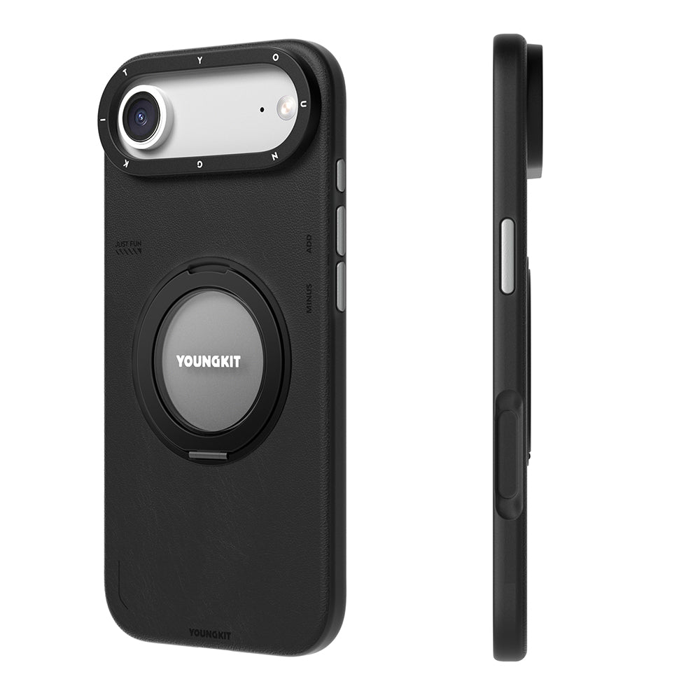 Apple iPhone 17 Air Kılıf M-safe Şarj Özellikli 360 Derece Standlı Basit Mat Deri Desenli Youngkit Tech Leather Serisi Kapak Siyah