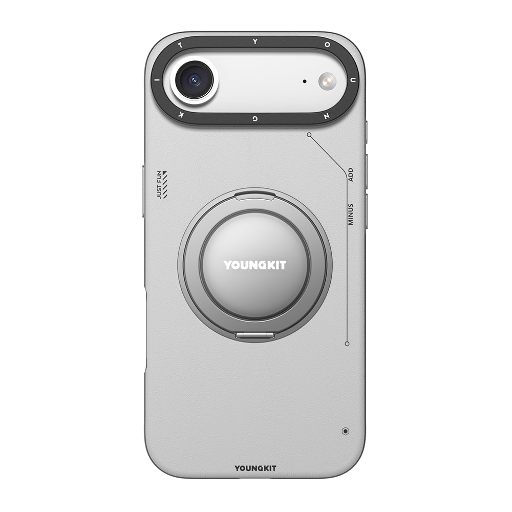 Apple iPhone 17 Air Kılıf M-safe Şarj Özellikli 360 Derece Standlı Basit Mat Deri Desenli Youngkit Tech Leather Serisi Kapak Gri