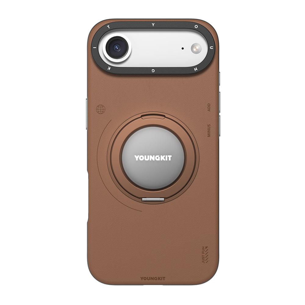 Apple iPhone 17 Air Kılıf M-safe Şarj Özellikli 360 Derece Standlı Basit Mat Deri Desenli Youngkit Tech Leather Serisi Kapak Kahverengi
