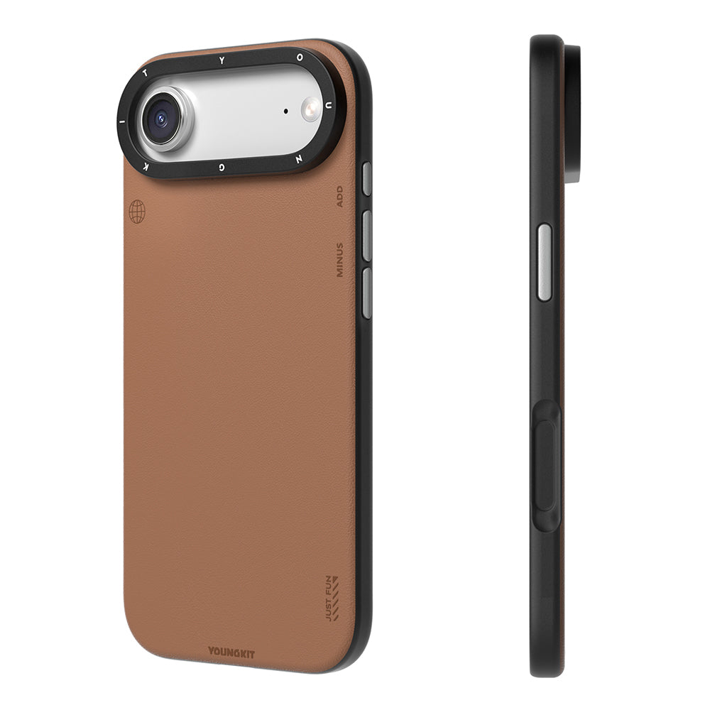 Apple iPhone 17 Air Kılıf M-safe Şarj Özellikli Basit Mat Deri Desenli Youngkit Tech Fashion Serisi Kapak Kahverengi