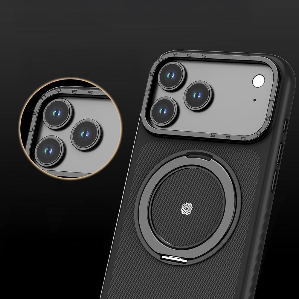Apple iPhone 17 Air Kılıf M-safe Şarj Özellikli Metal Standlı Lenyes CK225 Kevlar Kapak Siyah