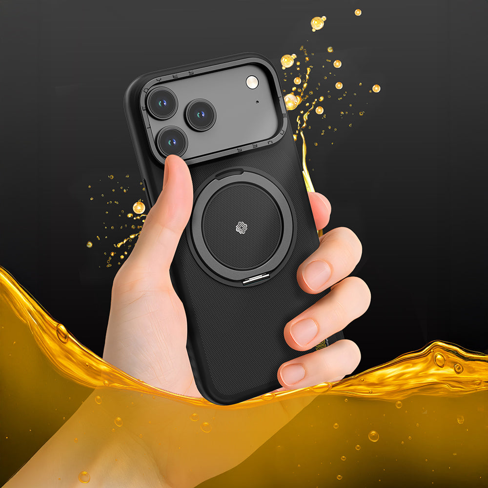 Apple iPhone 17 Air Kılıf M-safe Şarj Özellikli Metal Standlı Lenyes CK225 Kevlar Kapak Siyah