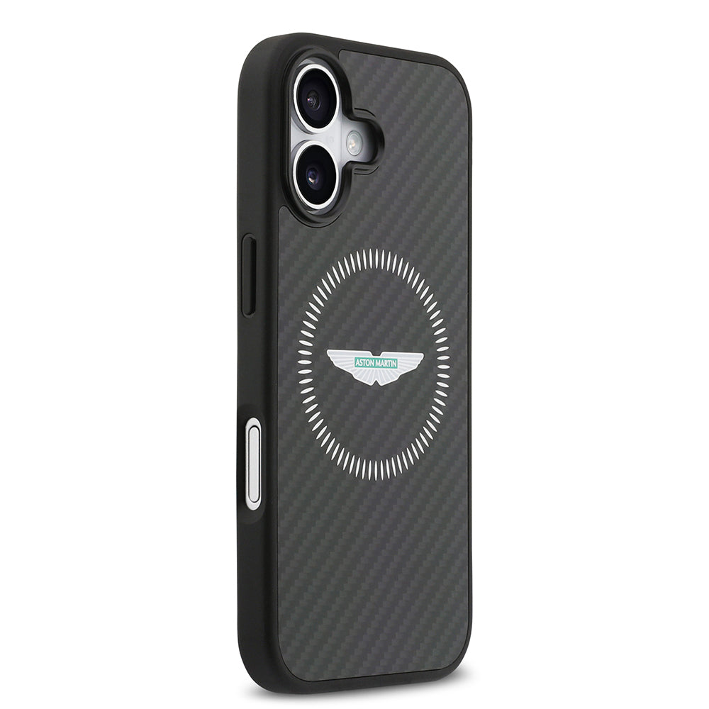 Apple iPhone 17 Kılıf Aston Martin Orjinal Lisanslı M-safe Şarj Özellikli Karbon Fiber Kevlar Kapak Siyah