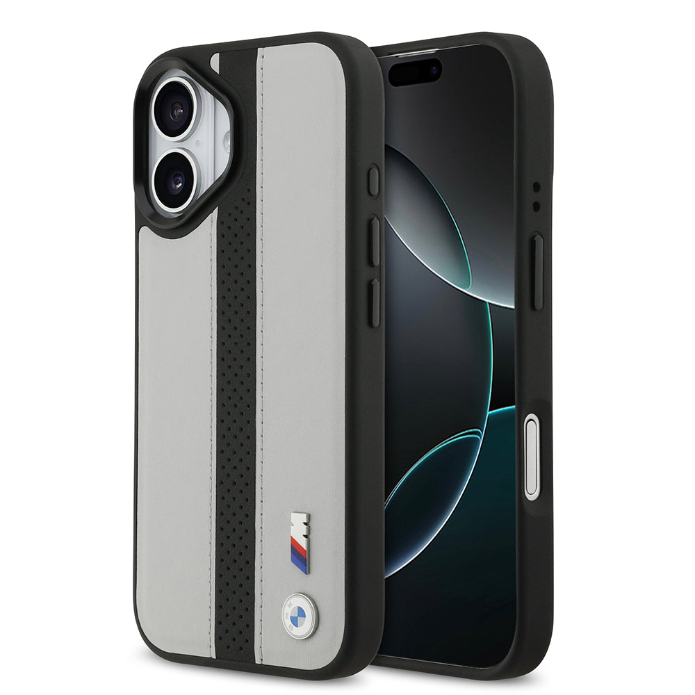 Apple iPhone 17 Kılıf BMW Orjinal Lisanslı M-safe Şarj Özellikli Deri Arka Yüzey Metal Logolu Delikli Şerit Tasarımlı Kapak Lacivert