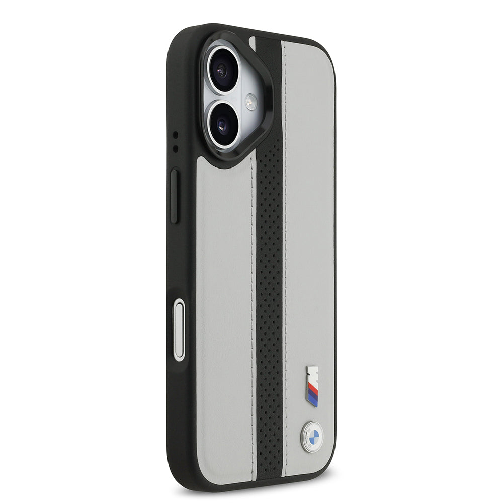 Apple iPhone 17 Kılıf BMW Orjinal Lisanslı M-safe Şarj Özellikli Deri Arka Yüzey Metal Logolu Delikli Şerit Tasarımlı Kapak Lacivert