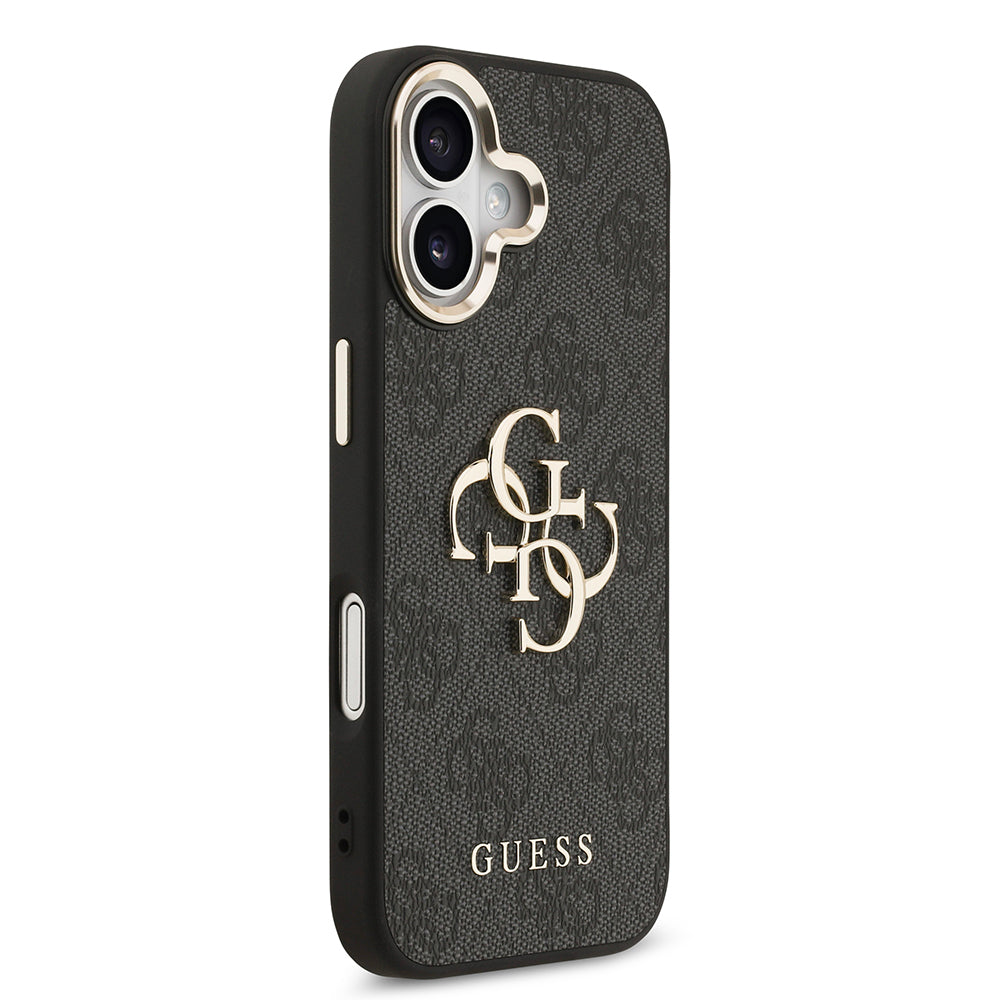 Apple iPhone 17 Kılıf Guess Orjinal Lisanslı Gold Metal Kamera Çerçeveli 4G Desenli Metal Büyük 4G ve Yazı Logolu Kapak Siyah