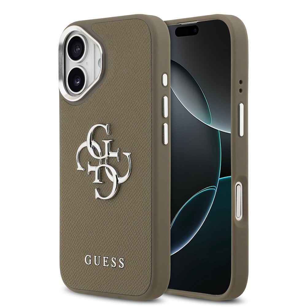 Apple iPhone 17 Kılıf Guess Orjinal Lisanslı Grained 4G Metal Büyük Logolu Kapak Kahverengi
