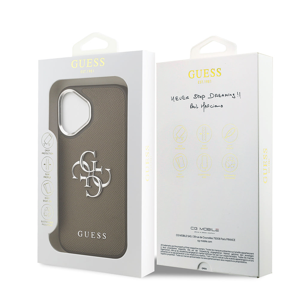 Apple iPhone 17 Kılıf Guess Orjinal Lisanslı Grained 4G Metal Büyük Logolu Kapak Kahverengi