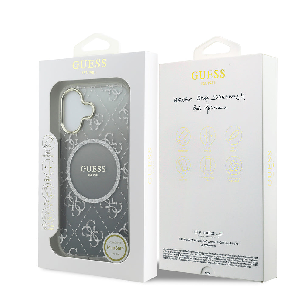Apple iPhone 17 Kılıf Guess Orjinal Lisanslı M-safe Şarj Özellikli 4G Desenli Simli Silikon Kapak Gri