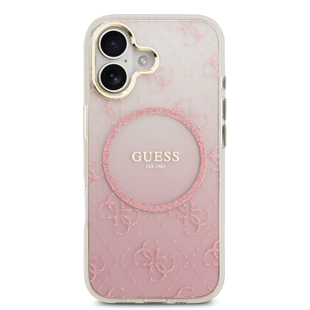 Apple iPhone 17 Kılıf Guess Orjinal Lisanslı M-safe Şarj Özellikli 4G Desenli Simli Silikon Kapak Pembe