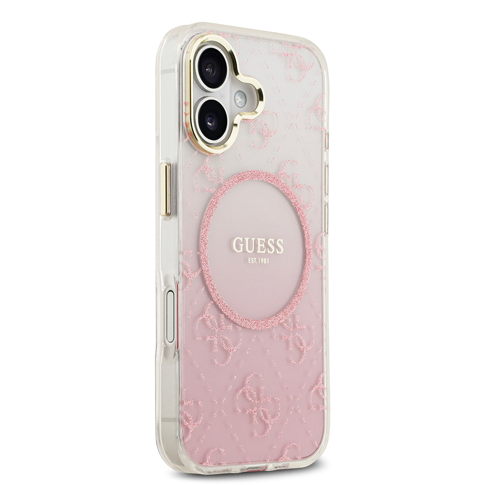 Apple iPhone 17 Kılıf Guess Orjinal Lisanslı M-safe Şarj Özellikli 4G Desenli Simli Silikon Kapak Pembe