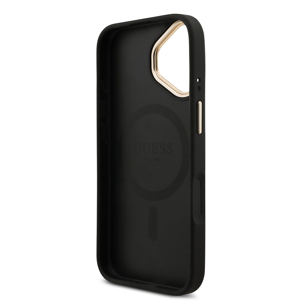 Apple iPhone 17 Kılıf Guess Orjinal Lisanslı M-safe Şarj Özellikli 4G Metal Büyük Logolu Kartlıklı Kapak Siyah