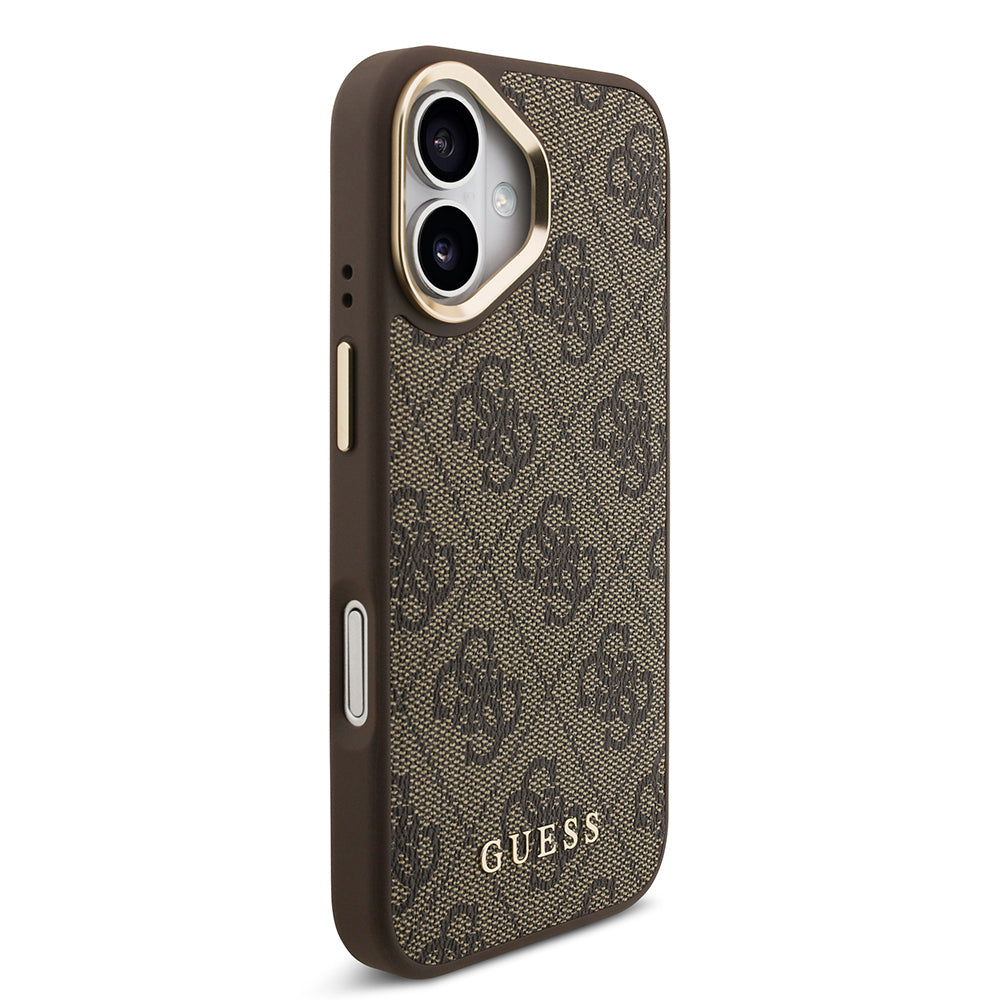Apple iPhone 17 Kılıf Guess Orjinal Lisanslı M-safe Şarj Özellikli 4G Metal Büyük Logolu Kartlıklı Kapak Kahverengi