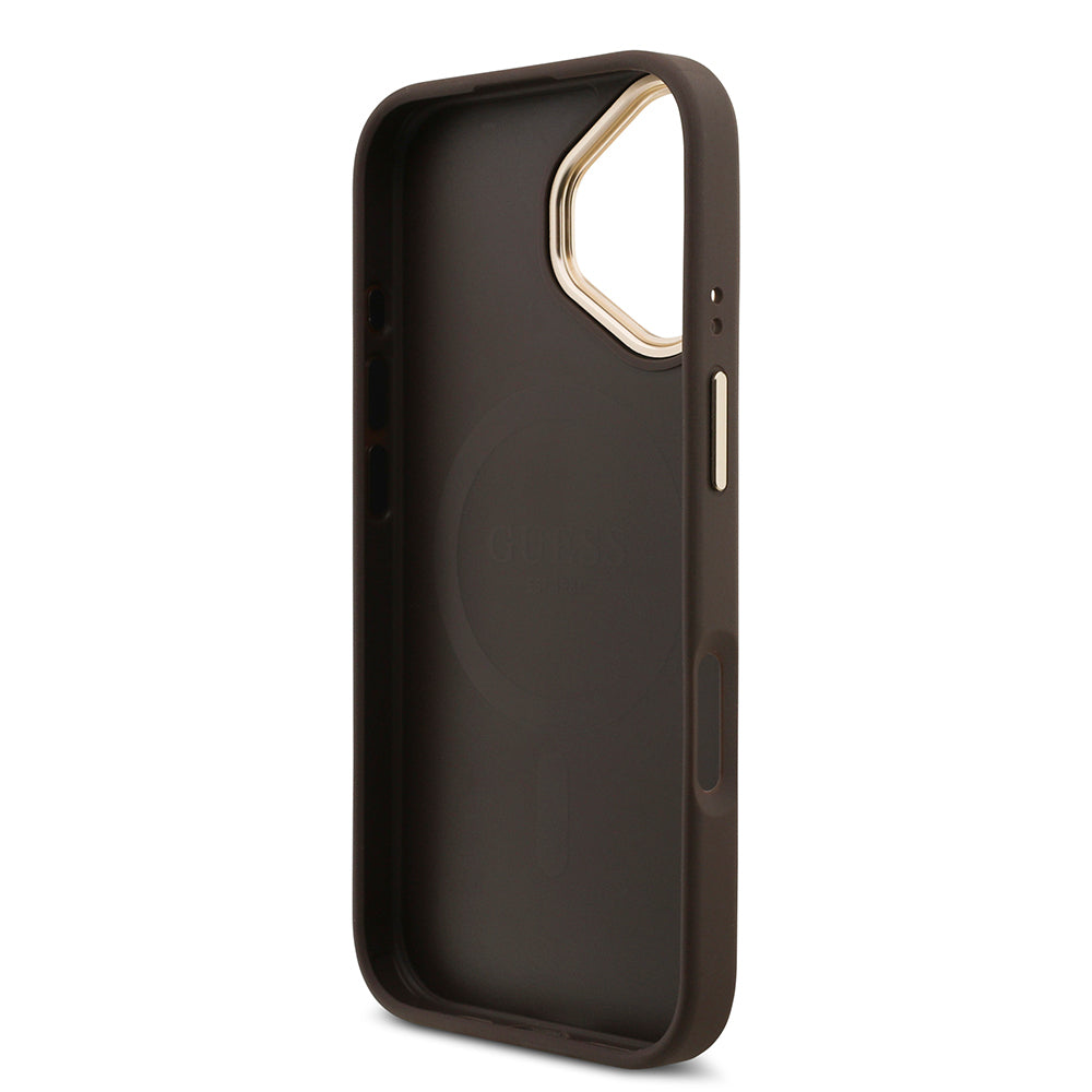 Apple iPhone 17 Kılıf Guess Orjinal Lisanslı M-safe Şarj Özellikli 4G Metal Büyük Logolu Kartlıklı Kapak Kahverengi