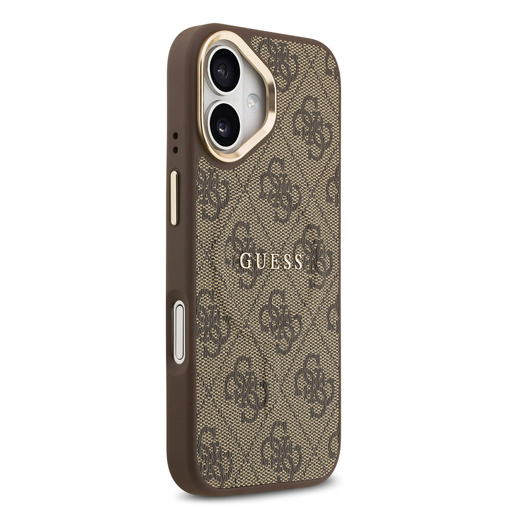 Apple iPhone 17 Kılıf Guess Orjinal Lisanslı M-safe Şarj Özellikli Gold Metal Kamera Çerçeveli PU Deri 4G Desenli Yazı Logolu Kapak Kahverengi