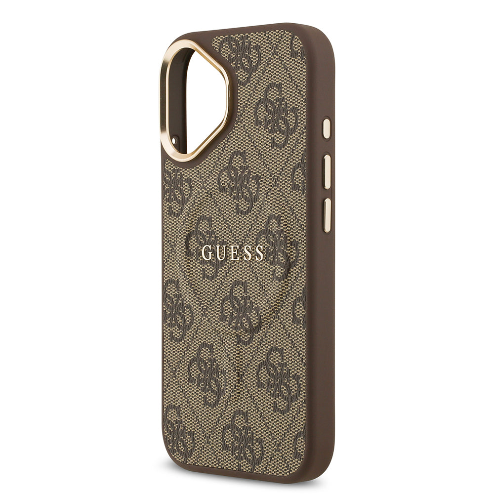 Apple iPhone 17 Kılıf Guess Orjinal Lisanslı M-safe Şarj Özellikli Gold Metal Kamera Çerçeveli PU Deri 4G Desenli Yazı Logolu Kapak Kahverengi