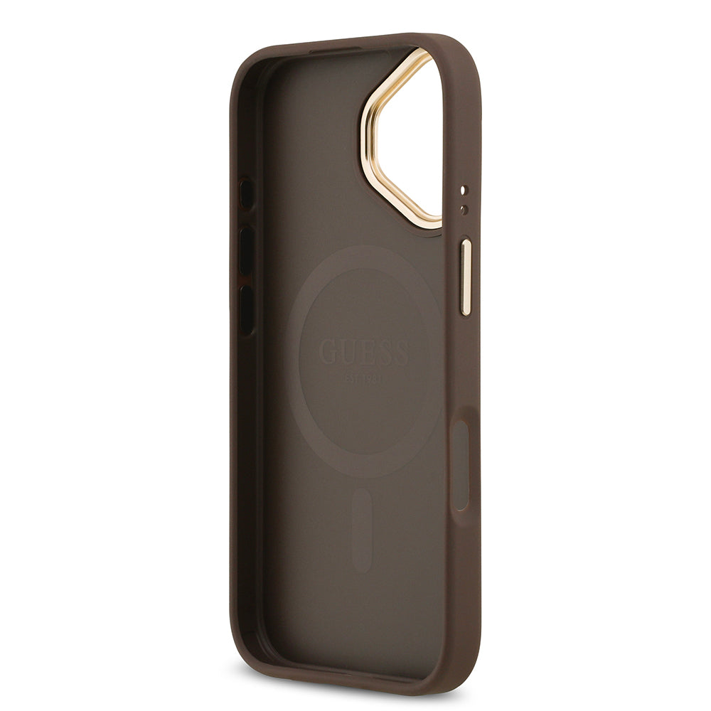 Apple iPhone 17 Kılıf Guess Orjinal Lisanslı M-safe Şarj Özellikli Gold Metal Kamera Çerçeveli PU Deri 4G Desenli Yazı Logolu Kapak Kahverengi