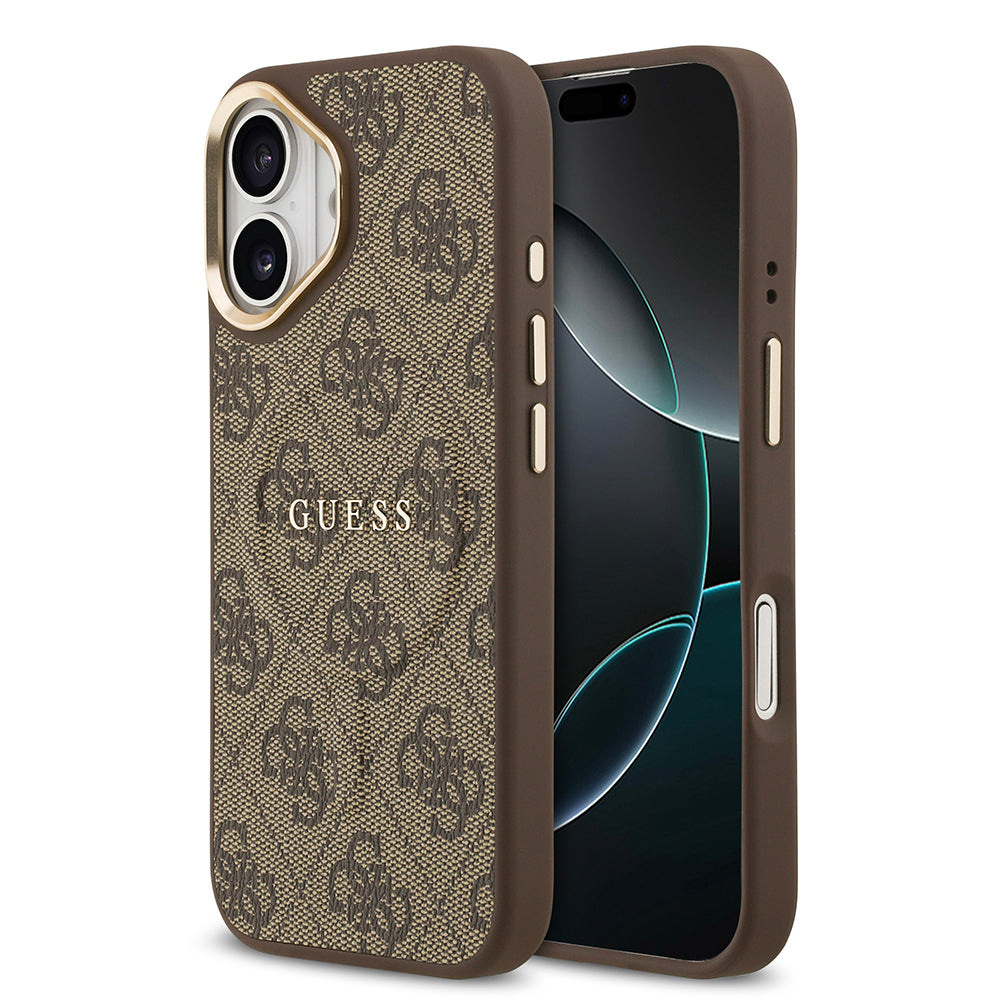 Apple iPhone 17 Kılıf Guess Orjinal Lisanslı M-safe Şarj Özellikli Gold Metal Kamera Çerçeveli PU Deri 4G Desenli Yazı Logolu Kapak Kahverengi