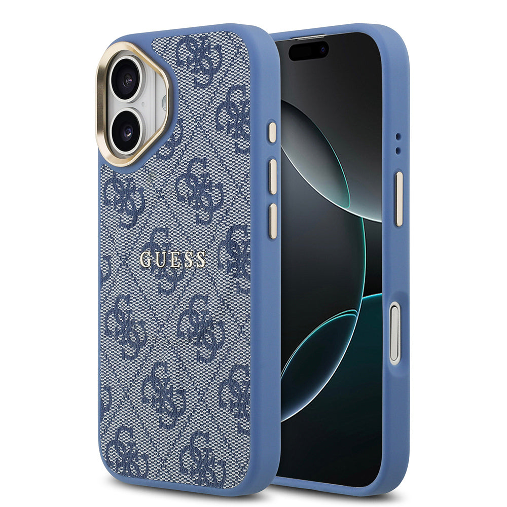 Apple iPhone 17 Kılıf Guess Orjinal Lisanslı M-safe Şarj Özellikli Gold Metal Kamera Çerçeveli PU Deri 4G Desenli Yazı Logolu Kapak Mavi
