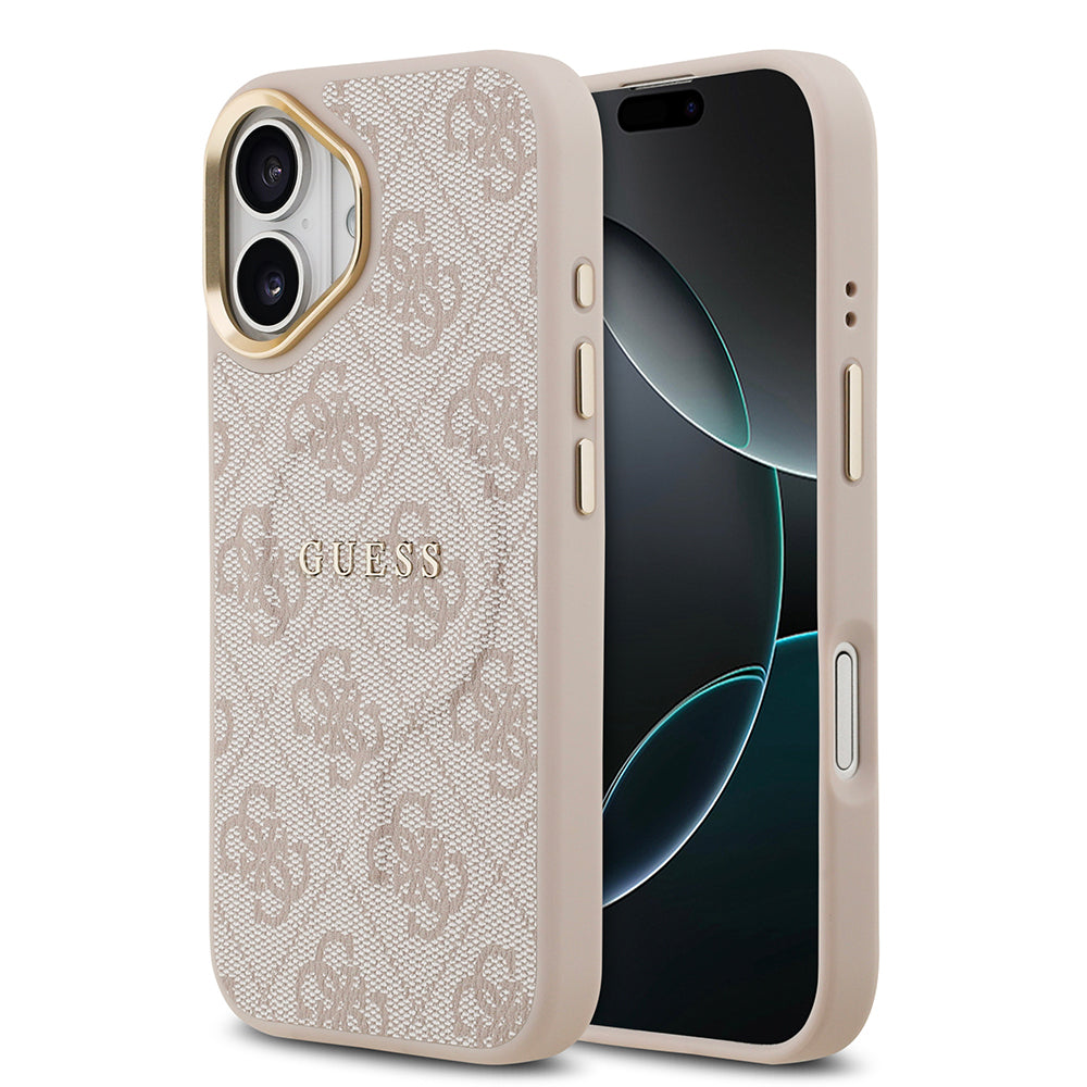 Apple iPhone 17 Kılıf Guess Orjinal Lisanslı M-safe Şarj Özellikli Gold Metal Kamera Çerçeveli PU Deri 4G Desenli Yazı Logolu Kapak Pembe