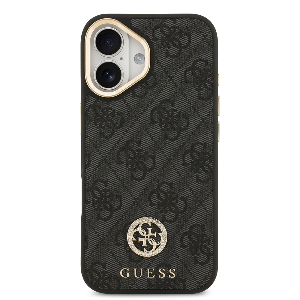 Apple iPhone 17 Kılıf Guess Orjinal Lisanslı M-safe Şarj Özellikli Gold Metal Kamera Çerçeveli Taşlı 4G Logolu Kapak  Siyah